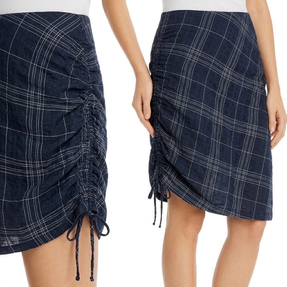 The East Order Paloma Navy Blue Linen Plaid Scrunched Side Drawstring Skirt Sz S